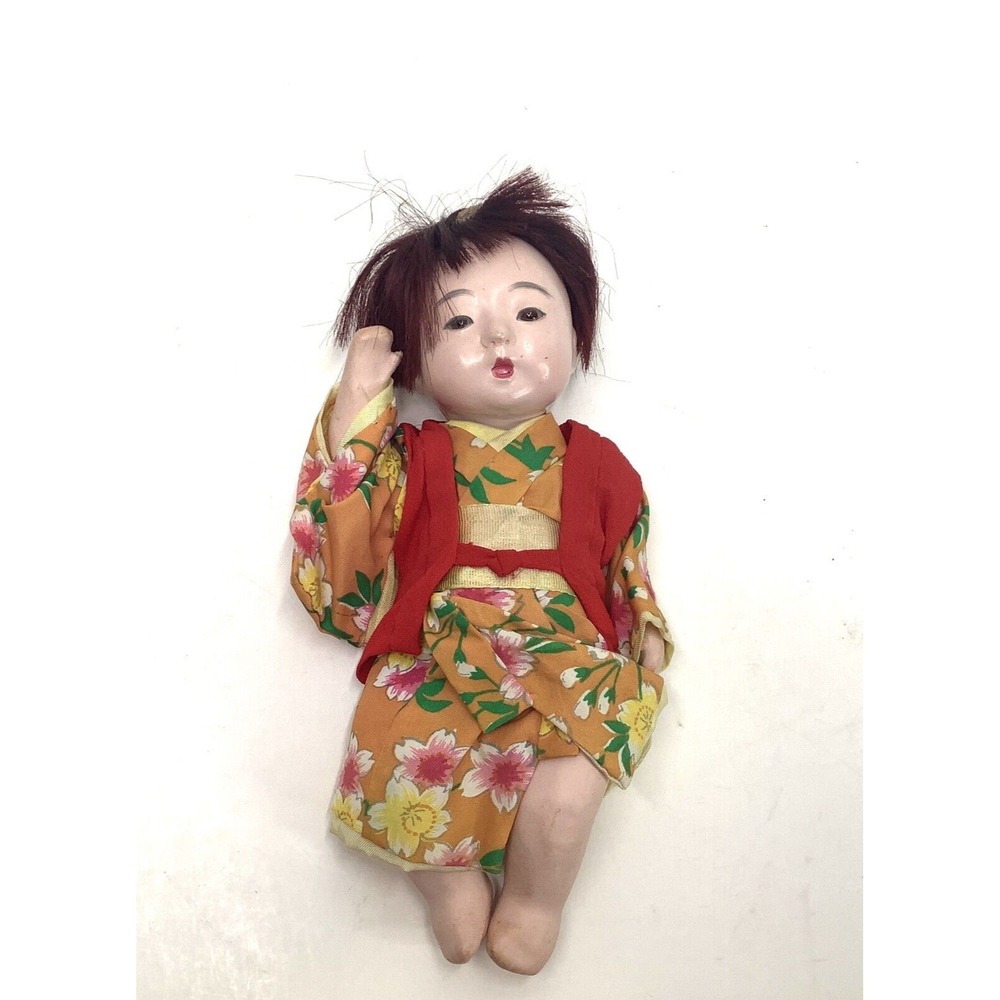 Japanese Doll Style Girl Bisque Jointed Doll 8.5" Kimono needs TLC Vintage